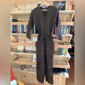 Black Crane Linen Painters Jumpsuit